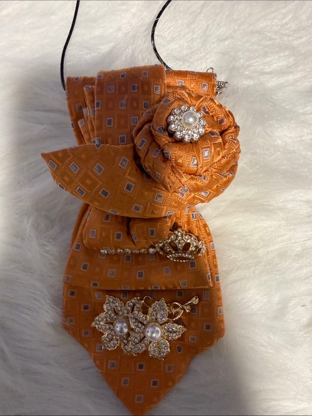 Elegant Orange Floral Accent Necktie Junk Tie Necklace